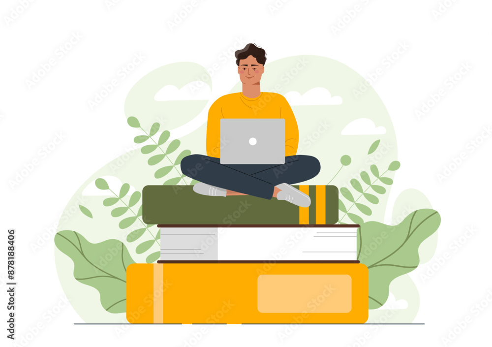 Poster man learning with laptop. young guy with portable computer sits on stack of textbooks. remote educat