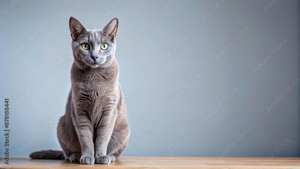 Wall mural Russian Blue cat sitting ly , Russian Blue, cat, sitting,elegant, feline, pet, animal, purebred, relax, indoor, domestic, cute, fur