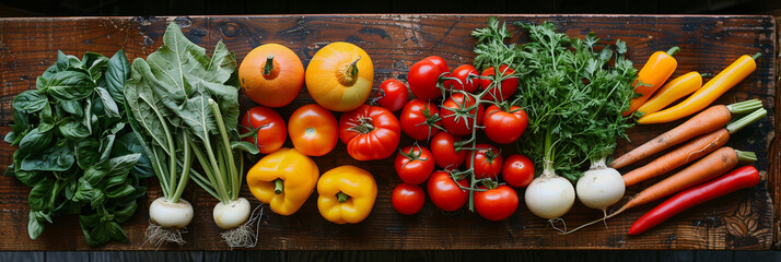 Various vegetables on a wooden table, seen from above, vibrant and lively hues, right side