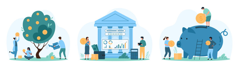 Financial investments and savings management set. Tiny people save money and grow coins tree, calculate expenses and income in family budget using banks mobile app cartoon vector illustration