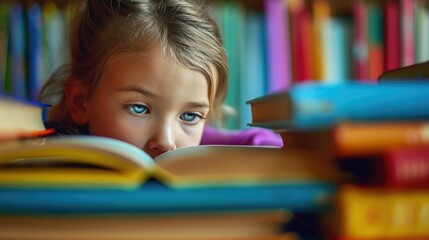 Close up of attractive child reading a book while looking at camera. Elementary student holding fairy tale novel book or bedtime stories surrounded by various book. Creative activity concept. AIG42. © InfiniteFlow