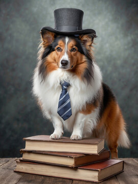 cute shetland sheep collie puppy dog portrait standing on books, wearing a tie and hat like humorous and jolly concept of school, education and intelligence of animals
