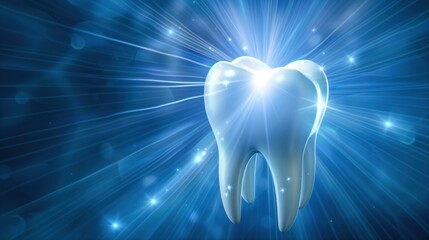 Bright Healthy Tooth Illustration with Sparkling Blue Background,Dental care