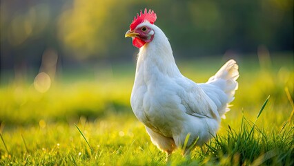 Fototapeta premium Close-up of a white chicken standing in a grassy field, poultry, farm, agriculture, animal, feather, cute, rural, livestock