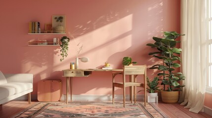 A contemporary room with a pink wall, a desk and chair made of wood in the corner, a sofa, a rug