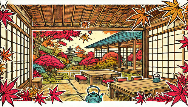 Traditional Japanese tea room with autumn momiji leaves