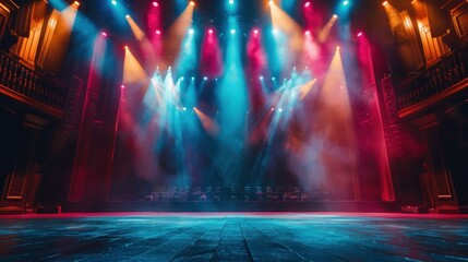 A theater stage illuminated with vibrant red, orange, and blue spotlights piercing through a hazy atmosphere, creating a dramatic and engaging mood.