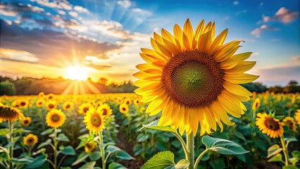 Fototapeta premium Vibrant sunflower blooming in a field under the bright sun, yellow, petals, summer, garden, plant, flower, nature, sunny