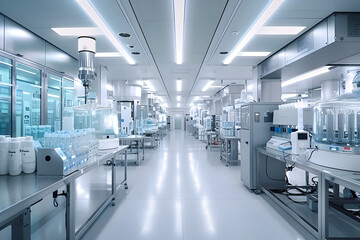 Obraz premium High-tech lab interior,featuring micro muffler systems and glass containers filled with cosmetic materials