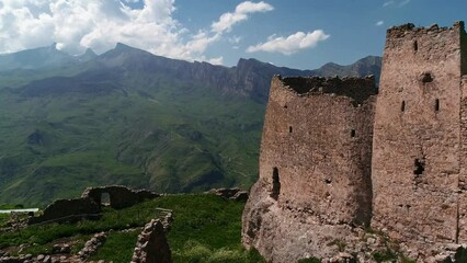 Ancient fortress and tower in the mountains of North Ossetia. Alania, Northern Caucasus

