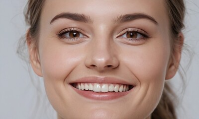 Fototapeta premium Perfect healthy white teeth smile of a young woman. Dental health or healthy skin concept for dental clinic. Generative AI