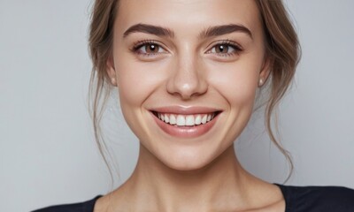 Naklejka premium Perfect healthy white teeth smile of a young woman. Dental health or healthy skin concept for dental clinic. Generative AI