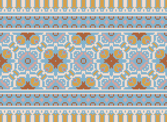 flower embroidery on cream background. ikat and cross stitch geometric seamless pattern ethnic oriental traditional. Aztec style illustration design for carpet, wallpaper, clothing, wrapping, batik.