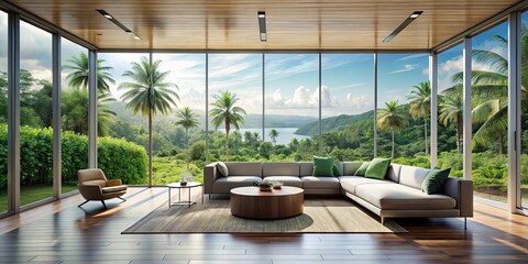 Fototapeta premium Modern home empty living room with a panoramic window overlooking the tropics, modern, home, interior, empty