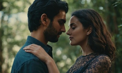 Obraz premium Beautiful young lovers couple man and woman look at each other. Real love concept. Generative AI
