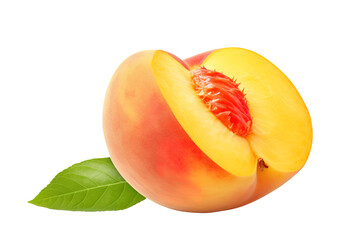 A Slice of Summer: Vibrant Peach With Leaf on White Canvas on White or PNG Transparent Background.