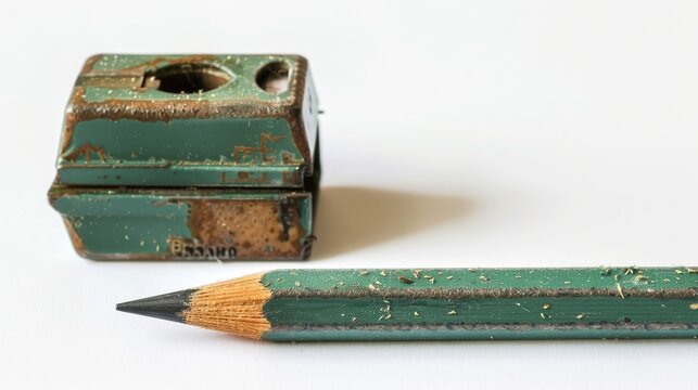 Aged green pencil sharpener and pencil separated on white backdrop with room for text