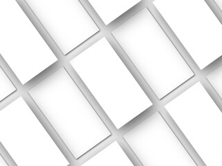Closeup of empty white flyer poster mockups lying diagonally with shadow on neutral light grey background