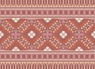 Fototapeta premium flower embroidery on cream background. ikat and cross stitch geometric seamless pattern ethnic oriental traditional. Aztec style illustration design for carpet, wallpaper, clothing, wrapping, batik.