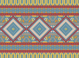 flower embroidery on cream background. ikat and cross stitch geometric seamless pattern ethnic oriental traditional. Aztec style illustration design for carpet, wallpaper, clothing, wrapping, batik.