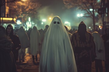 Ghostly figure stands out in a foggy, crowded urban street at night