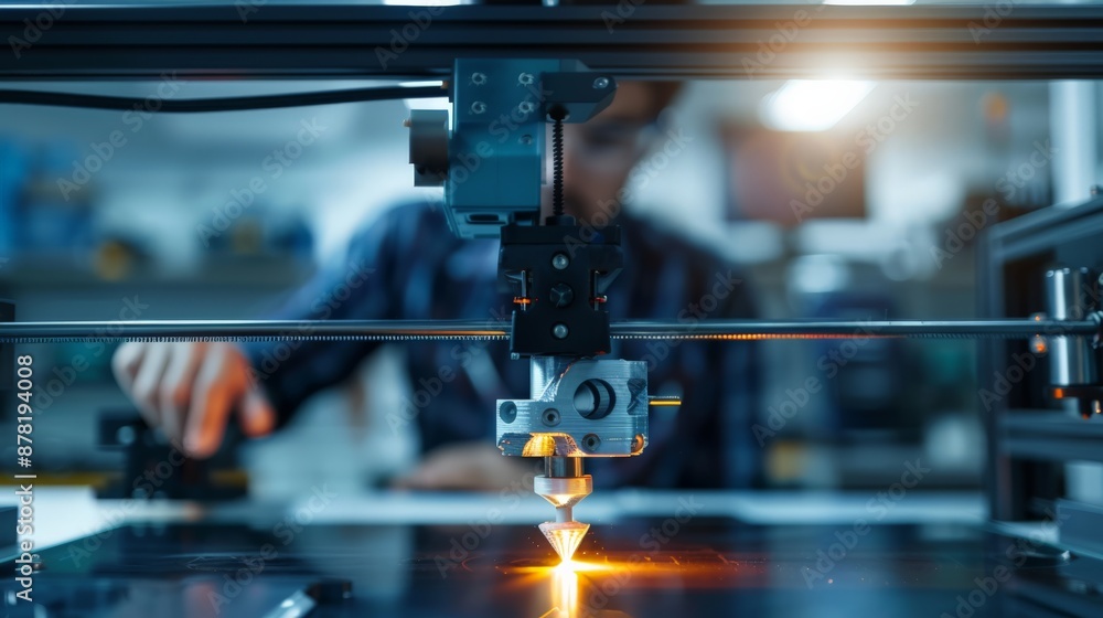 Poster engineer operating 3d printer in a workshop. focused professional in a checkered shirt working with 