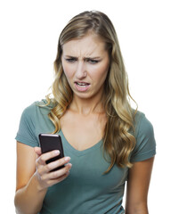 Fototapeta premium Woman looking upset while using smartphone, cut out - stock png.