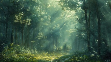 Obraz premium Sunlight shining through fog in lush green forest
