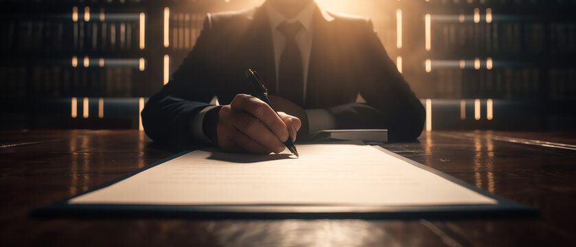 Politician signing a shady deal in a dimly lit office, political corruption, underhand agreement