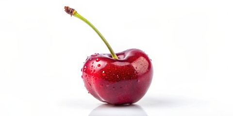 Close-up of a ripe red cherry on a white background, cherry, fruit, red, close-up, macro, juicy, sweet, fresh, food