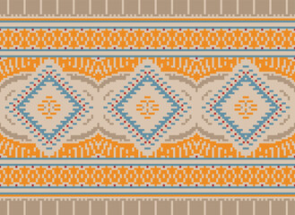 flower embroidery on cream background. ikat and cross stitch geometric seamless pattern ethnic oriental traditional. Aztec style illustration design for carpet, wallpaper, clothing, wrapping, batik.