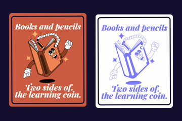 pencil and book mascot, two sides of a coin side by side
