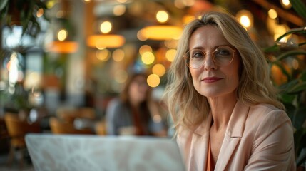 Obraz premium Confident businesswoman working on laptop in cafe