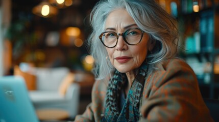 Senior businesswoman working remotely in cafe using laptop computer
