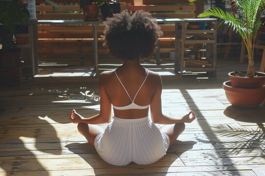A serene young African-American woman in white sportswear is practicing yoga on a rooftop terrace, surrounded by lush green plants, with her eyes closed and a look of peace