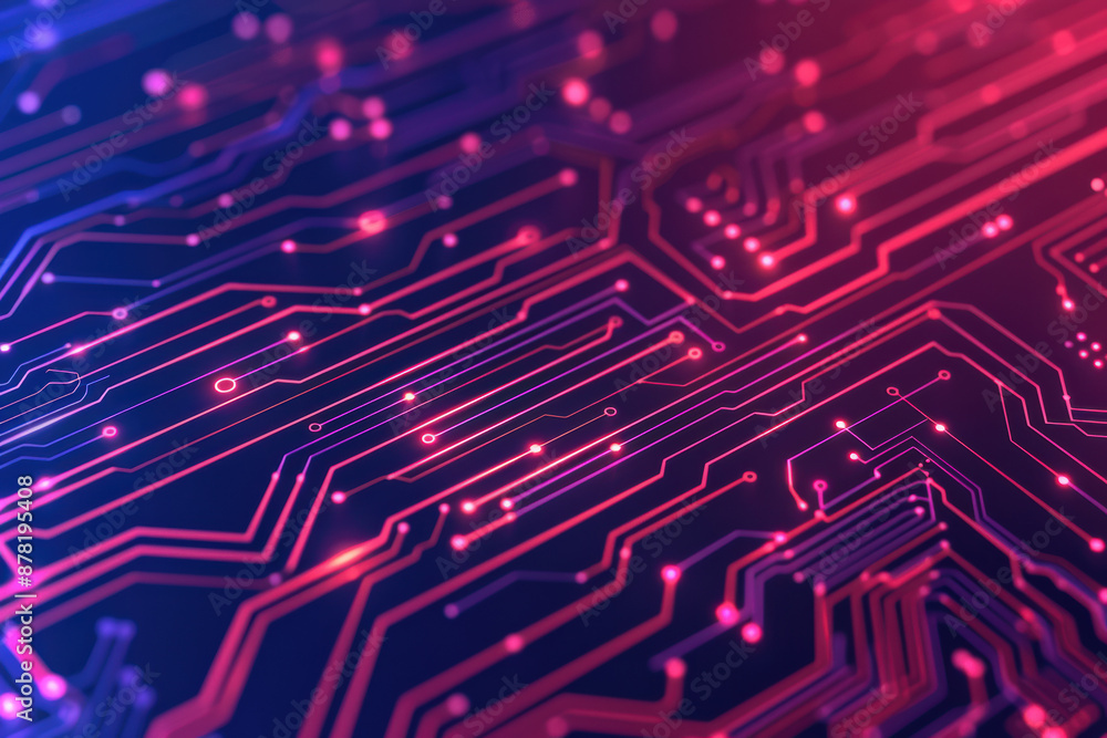 Poster close-up of a glowing circuit board with intricate lines and connections, illuminated with neon purp