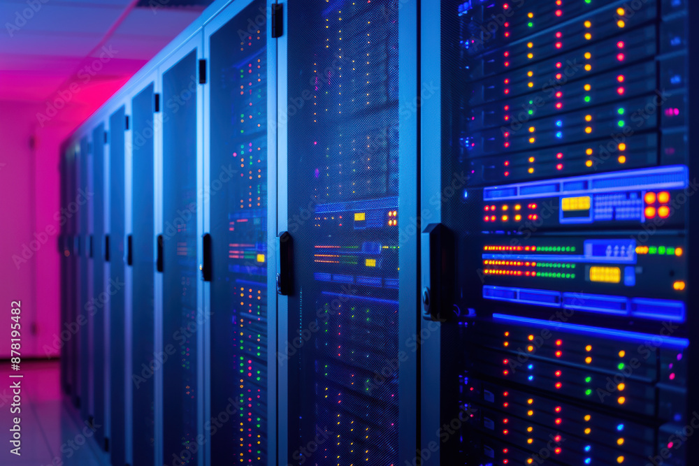 Poster modern data center with illuminated server racks and advanced technology for cloud computing, data m