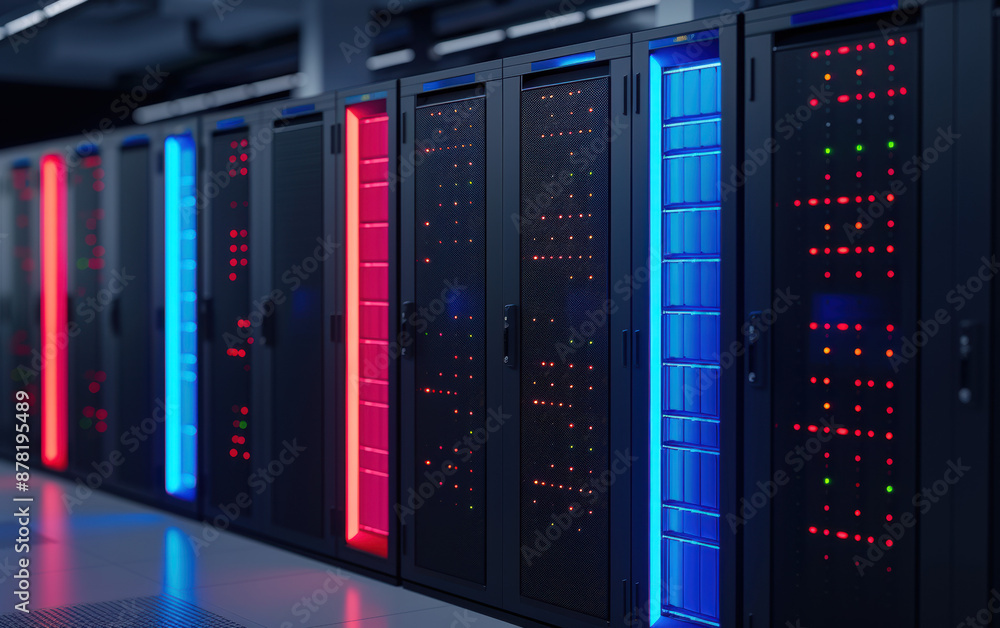 Poster modern data center with colorful led-lit server racks, advanced technology infrastructure, high-perf