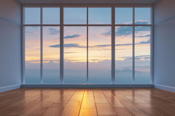 Fototapeta premium Sunset view through large floor-to-ceiling windows in an empty room with wooden flooring, capturing a serene and peaceful atmosphere.