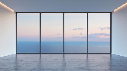 Fototapeta premium Modern empty room with large glass windows overlooking serene ocean at sunset, minimalist interior design, high-rise building with stunning sea view.