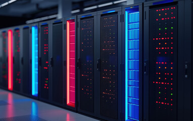 Modern data center with colorful LED-lit server racks, advanced technology infrastructure, high-performance computing, and robust data storage.