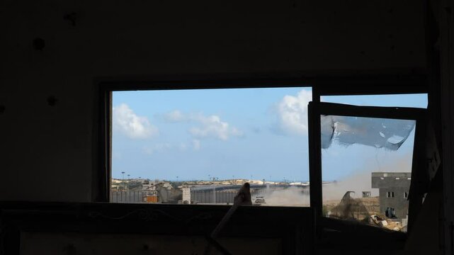 Damaged house window after Israeli settlers attacked illegal outpost in village near the border between Gaza and Egypt 