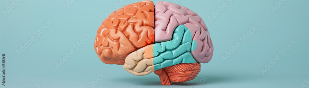 Poster cross-section image of a colorful, segmented human brain model against a light blue background, disp