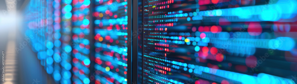 Poster a bustling server room with rows of powerful servers illuminated by vibrant led lights, representing