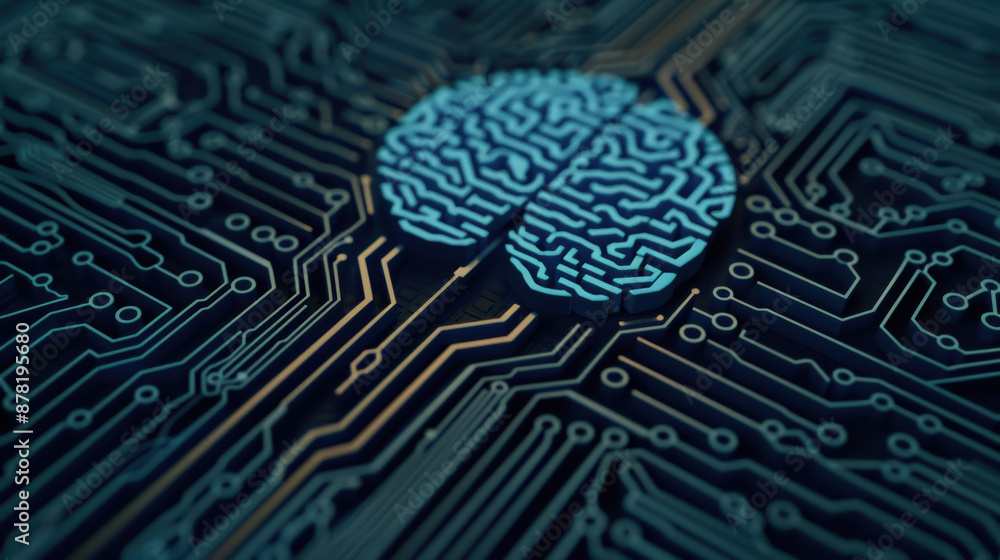 Poster close-up of a circuit board with an artificial intelligence brain pattern, symbolizing advanced tech