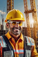 Beautiful portrait of a happy construction worker,with Construction work clothes.