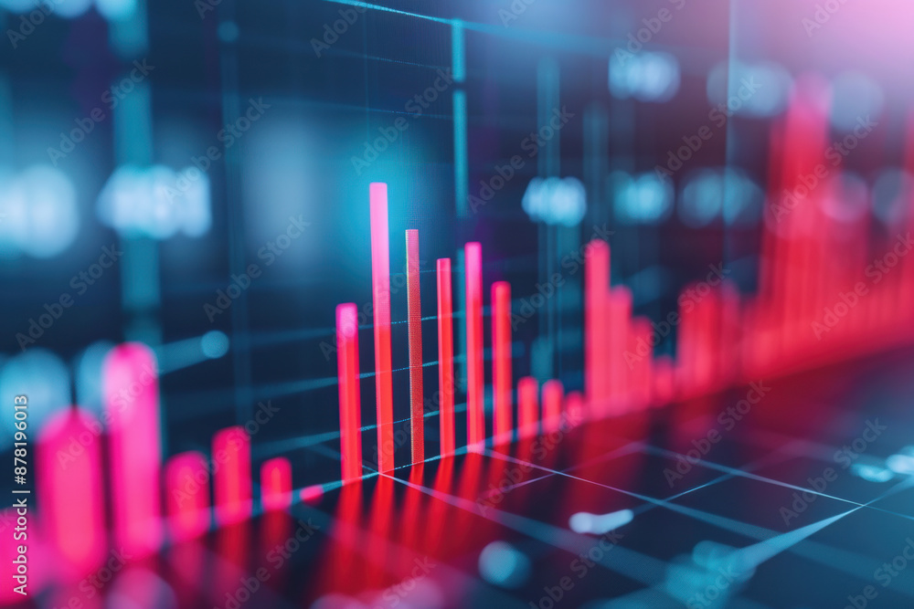 Poster dynamic red and blue financial graph showing stock market trends and data analytics on a dark backgr