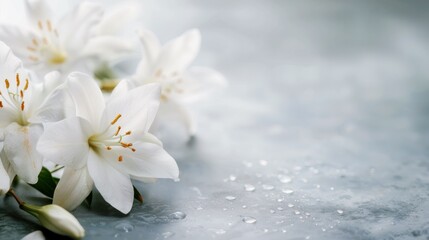 elegant white lilies with dew drops on a gentle gray mourning or funeral background
