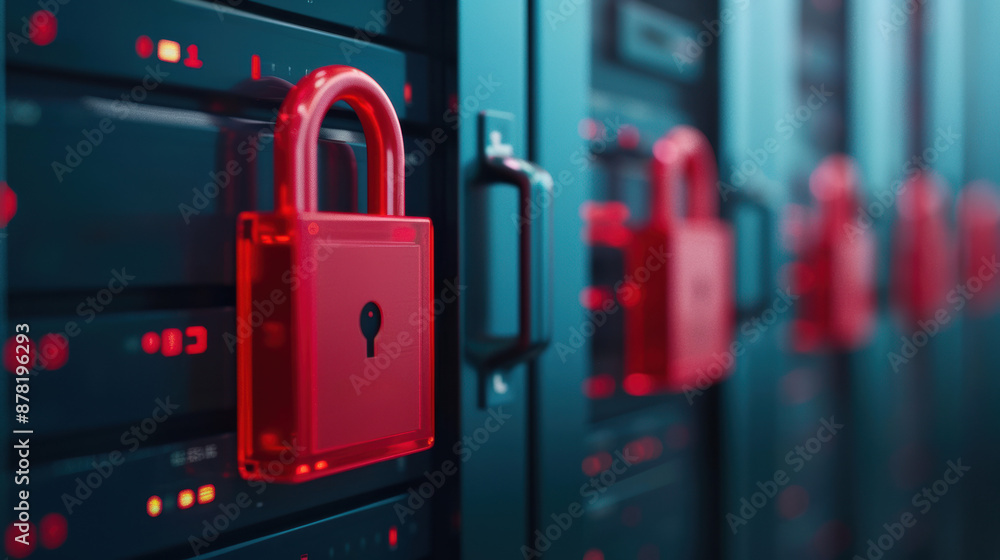 Poster close-up of red padlocks on server doors in a data center, representing cybersecurity and data prote