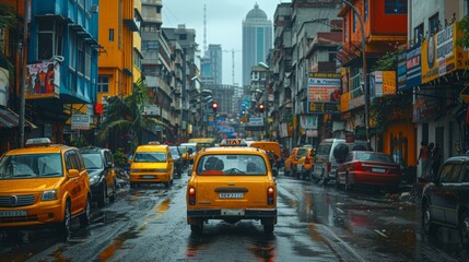 A bustling street in a vibrant city, showcasing yellow taxis navigating through wet road on a rainy...